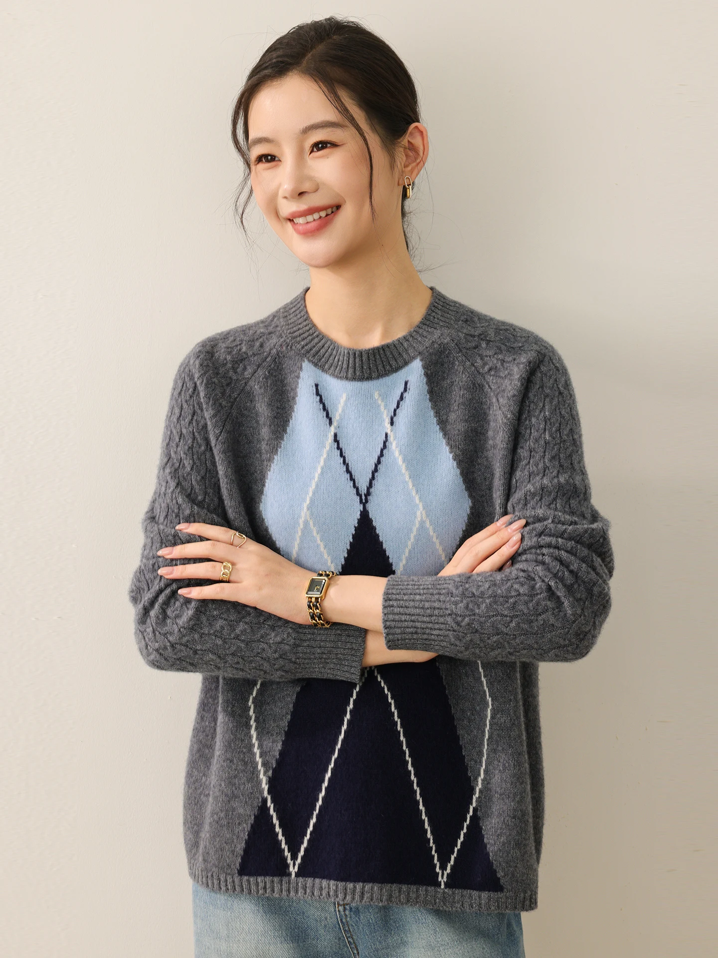 

Женский пуловер из 100% мериносовой шерсти, свободный свитер с круглым вырезом и ромбовидным узором, осень-зима, вязаная плотная одежда, теплый мягкий повседневный топ