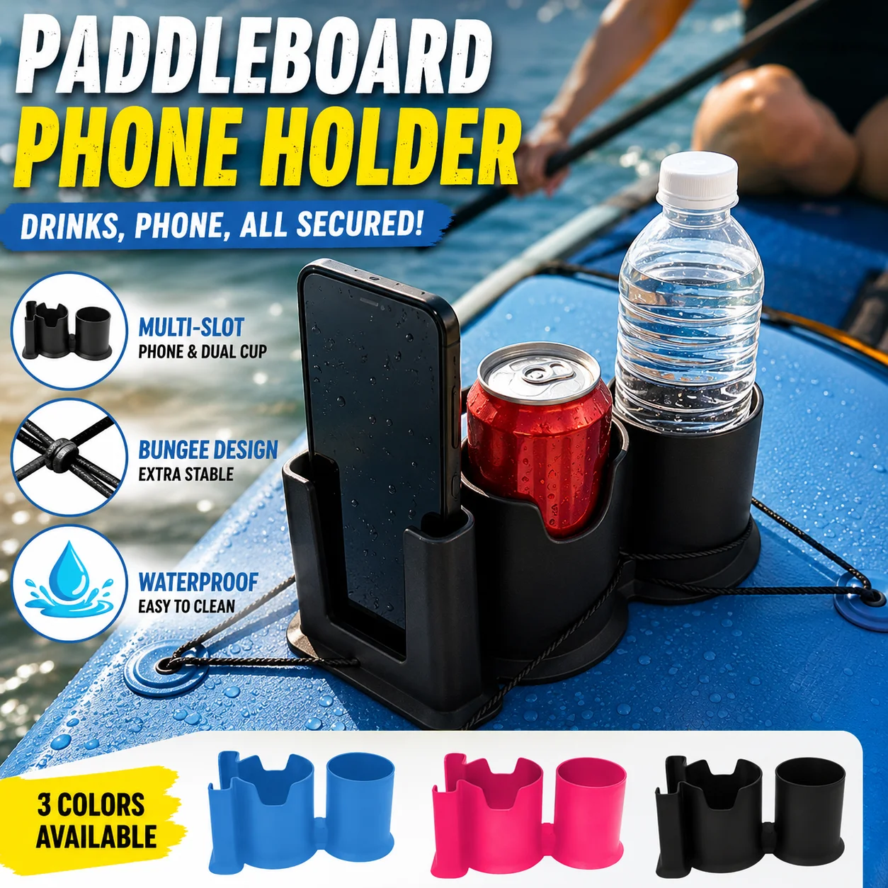 Porte-gobelet pour paddleboard avec fente pour téléphone, support étanche pour deux boissons et téléphone portable avec cordon élastique, conception fixe, facile à nettoyer
