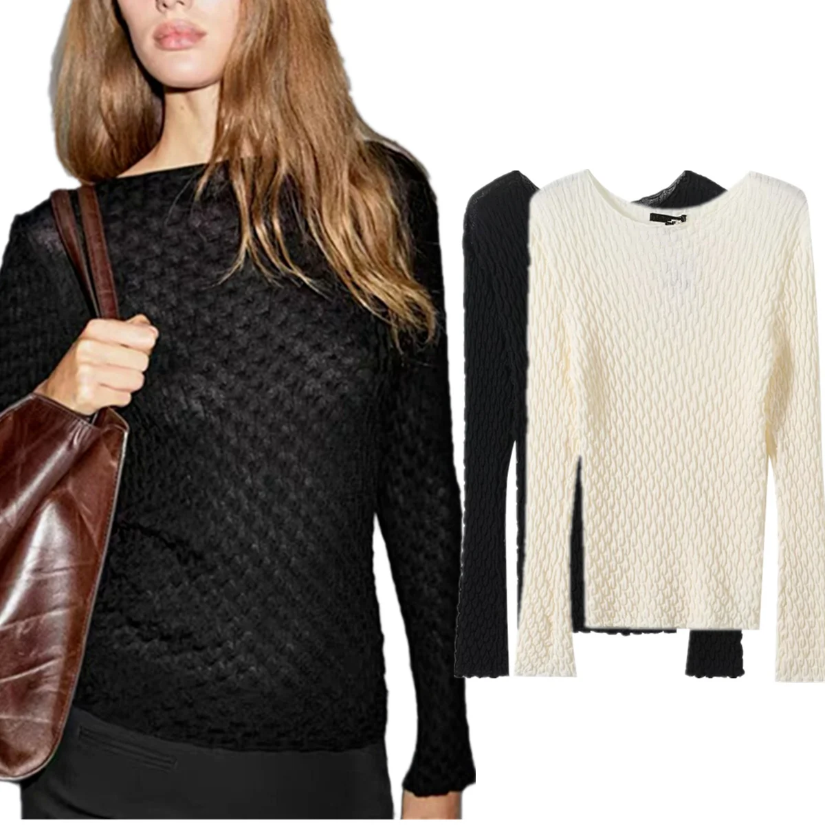 

Maxdutti Nordic Minimalist Texture Knitted Basic T-shirt Women Elegance Commuting Casual Top Autumn Long-sleeved Knitwear