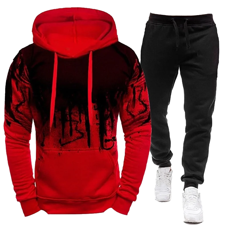 2023 Sportswear Men\'s casual Hoodie pants 2-piece autumn and winter jogging splash ink long sleeve splash ink sweater suit S-4XL