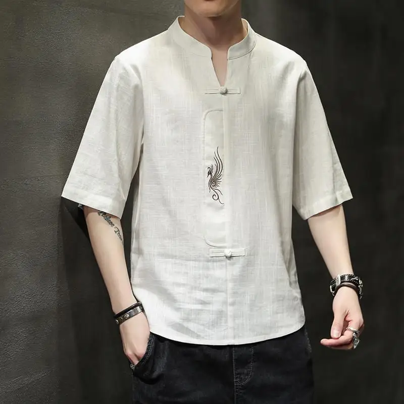 2024 Summer New Short Sleeved V-neck Half Sleeved Linen T-shirt Chinese Fashion Brand Fashion Top Loose Cotton Linen T-shirt