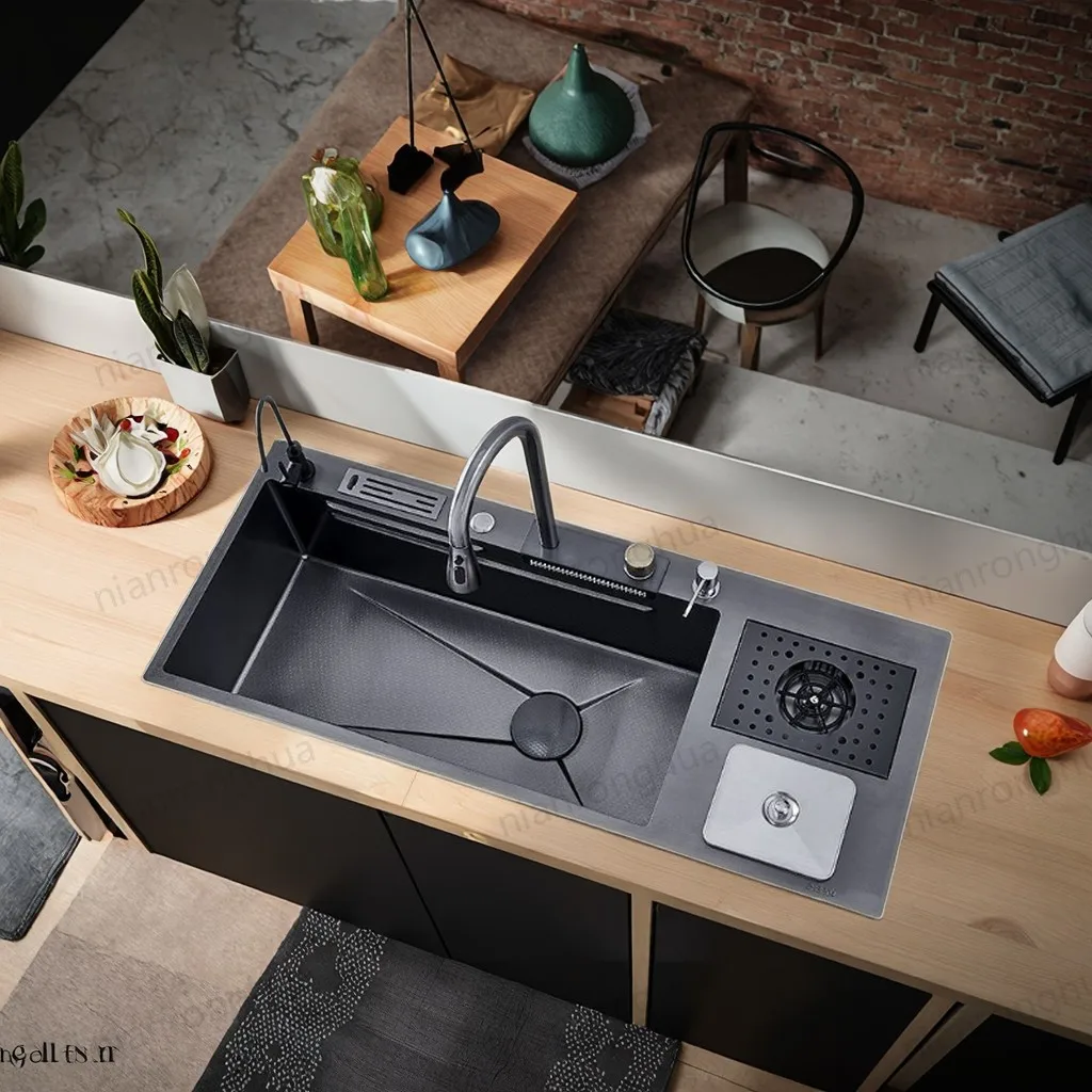 

Premium Honeycomb Embossed Kitchen Accessory Sink- 304 Stainless Steel Knife Holder, Detachable Trash Can, Cup Washer