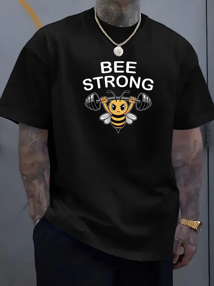 Men Cotton Tee Bee Strong Barbell Bee Graphic Short Sleeve Loose Casual Gym Summer Oversized Daily Top Male Fitness Hobby Fans