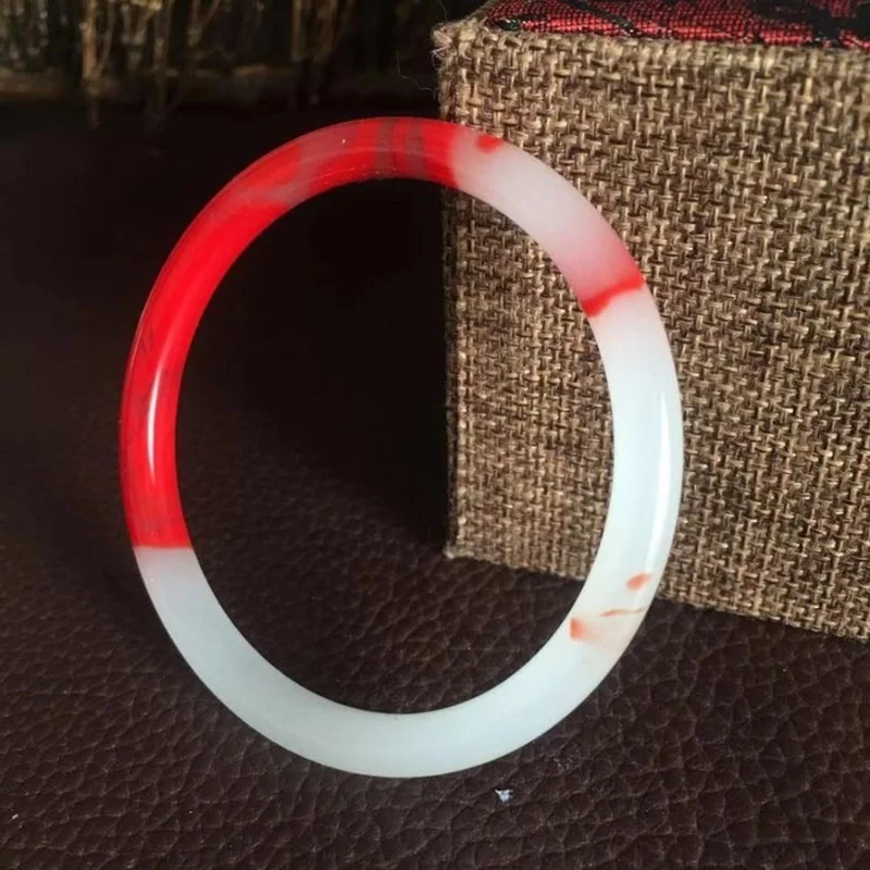Xinjiang Hotan Jade Chicken Blood Jade Round Bar Bracelet Women's Thin Bar Fashion Red and White Jade Bracelet Jewelry