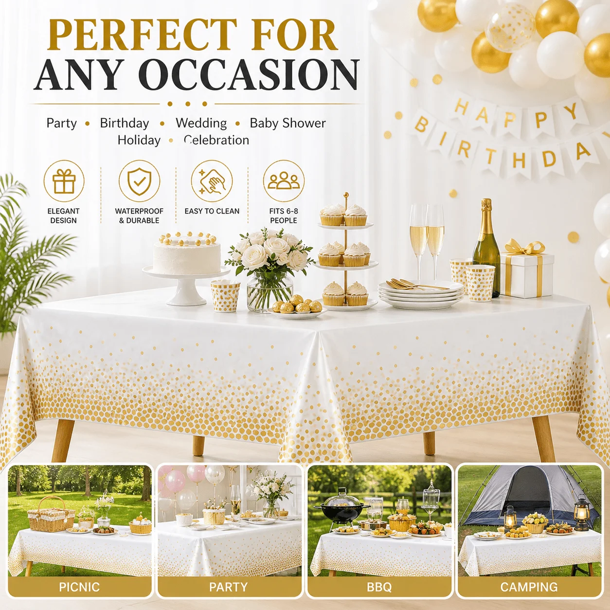 Gold Polka Dot Disposable Tablecloth 54 x 108 Inch, High Quality Disposable Table Cover, Indoor Outdoor Table Cloth for Birthday