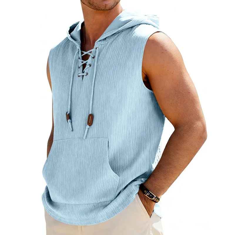 

Summer New American Retro Men Jacquard Sleeveless Hooded Shirts Casual Sports Fitness Outdoor Daily Streetwear Shirt for Men