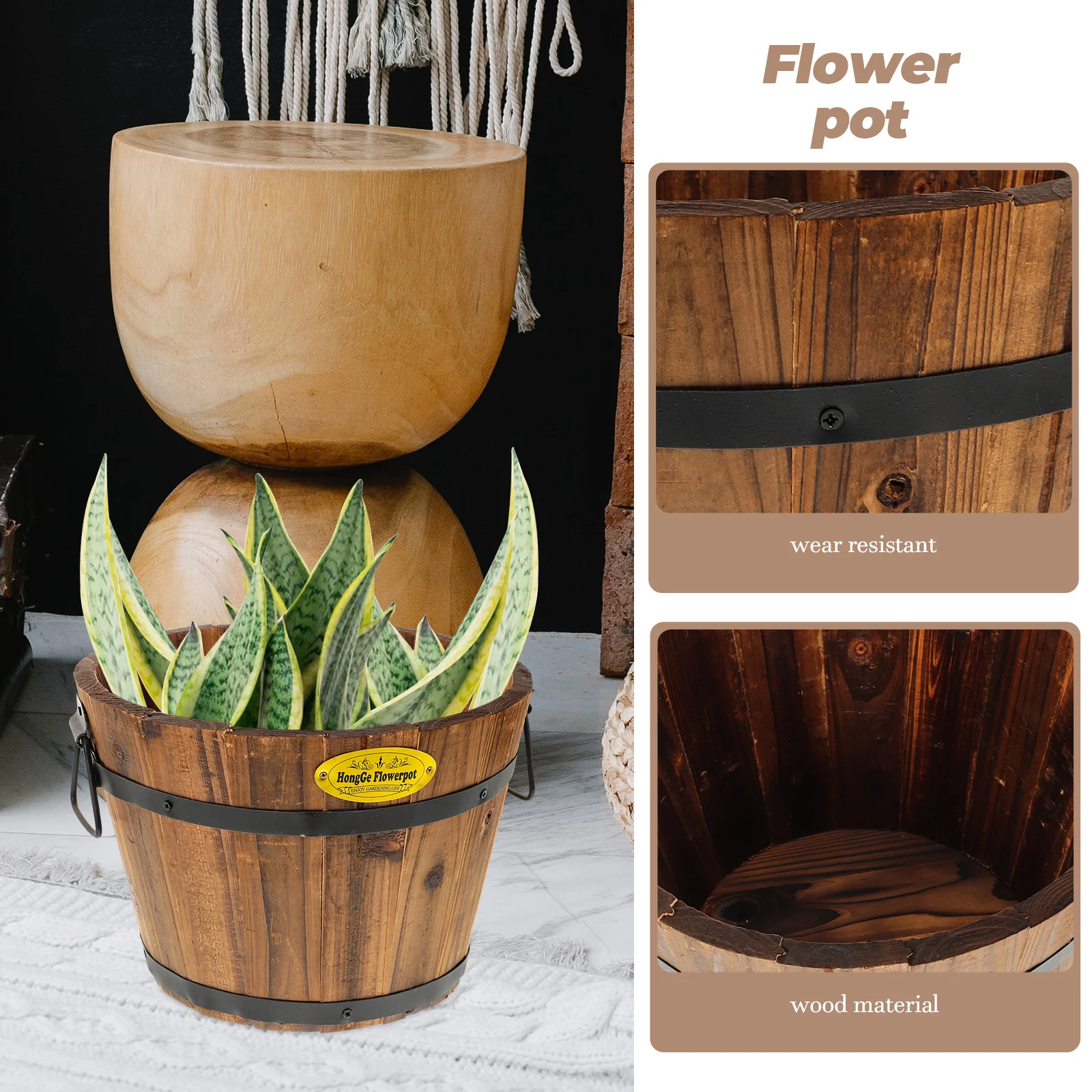 Large Outdoor Green Plant Pots Rustic Wooden Flower Bucket Decorative Flower Pot Green Plant Pot Gardening Pot Farmhouse Vase