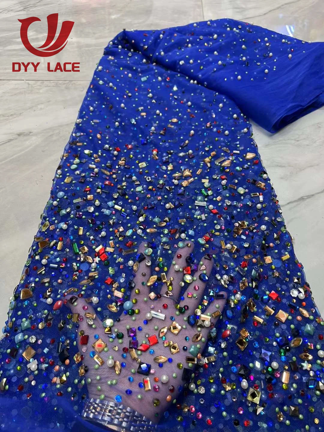 New Design Heavy Stones Nigerian Lace Fabrics African Tulle Net Lace Luxury Crystal Stones Beads Fabrics For Wedding 5 Yards