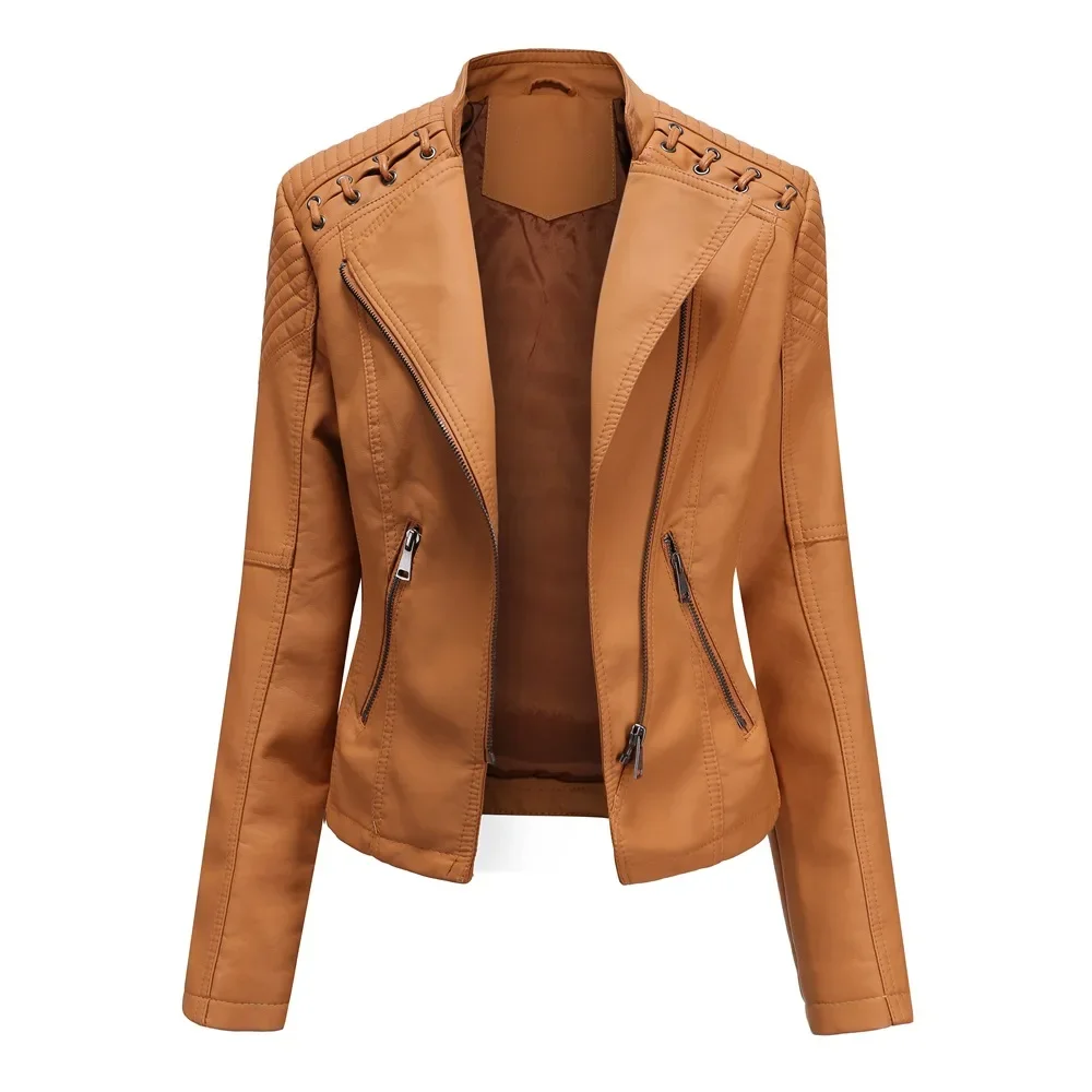 Jaket Kulit Sepeda Motor Wanita Musim Semi Musim Gugur Jaket Moto & Biker Hitam Ramping Ritsleting Kerah Lipat Wanita Kulit XQ3