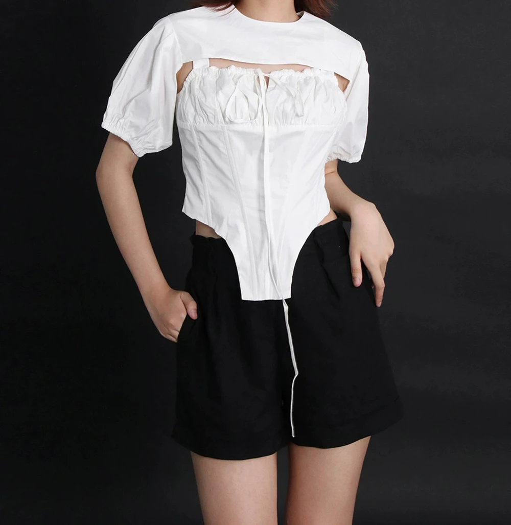 Nowy seksowny, modny, trójwymiarowy, plisowany komplet z szelkami i krótkim rękawem - prosty dwuczęściowy zestaw - GZXX916