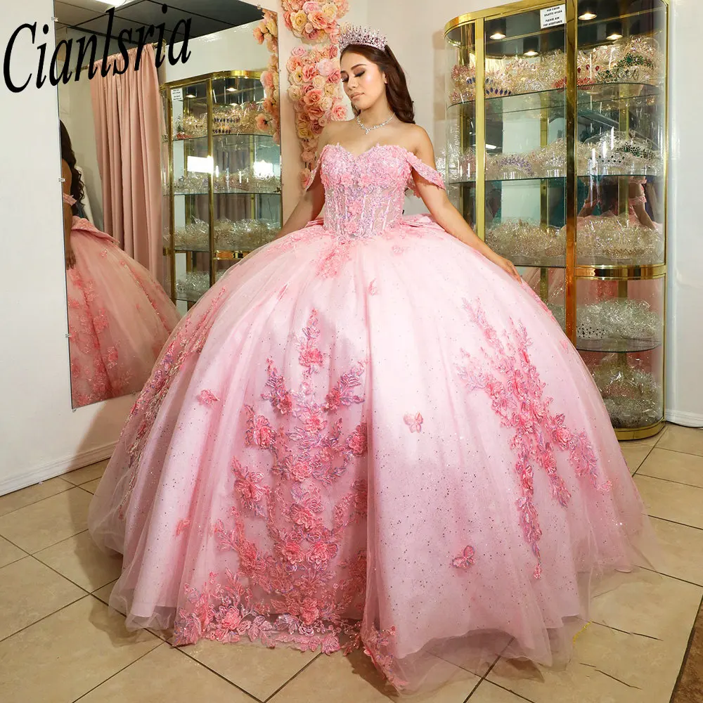 

Розовые 3D цветы, аппликации, кружевные платья Quinceanera, бальное платье с открытыми плечами и бантом, сладкий 15 лет, мексиканский индивидуальный заказ