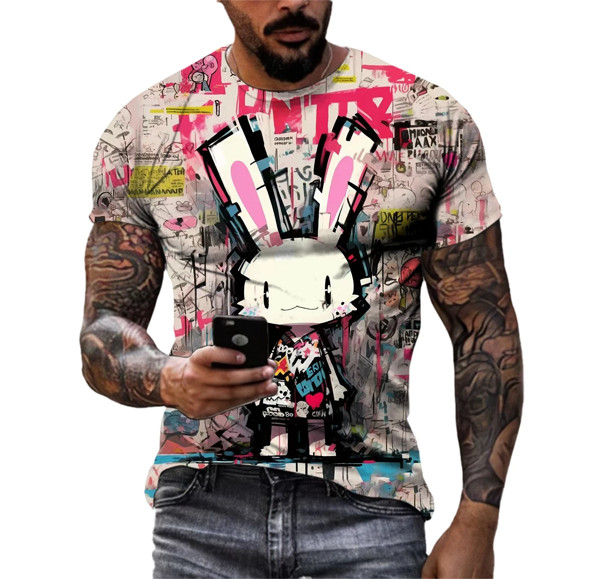 Summer Fashion Leisure Graffiti Rabbit Graphic T-shirt For Men New Trend Personality Hip Hop 3D Printed Round Neck Short Sleeve