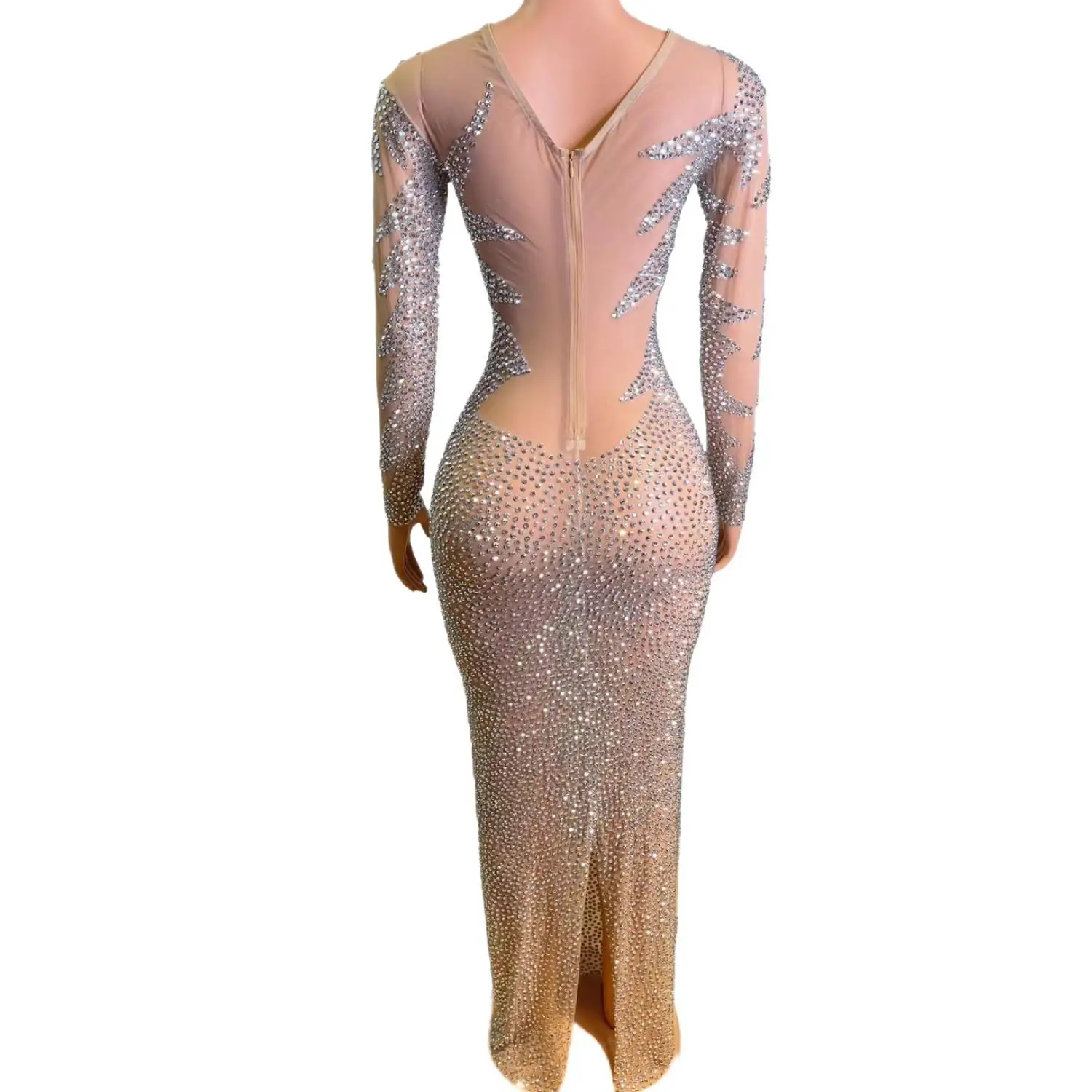 Huasheng Women Round Neck Long Sleeve Floral Rhinestone Sheer Mesh Bodycon Maxi Dress See Through Cocktail Birthday Gowns - view 3