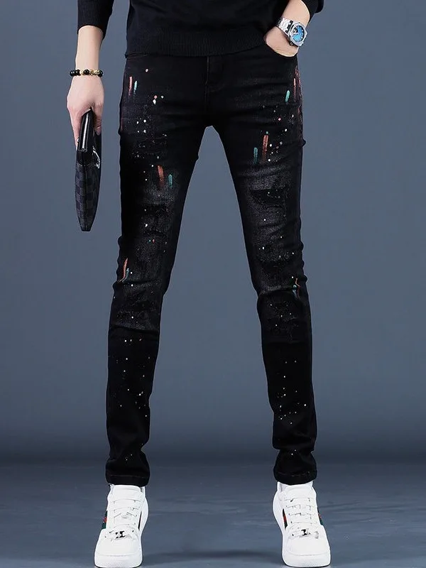 

Bla Hole Denim Jeans Men's Trendy Brand Slim Fit Casual Pants Korean Version Faionable Cuffed Jeans mid Waist Zipper Closure