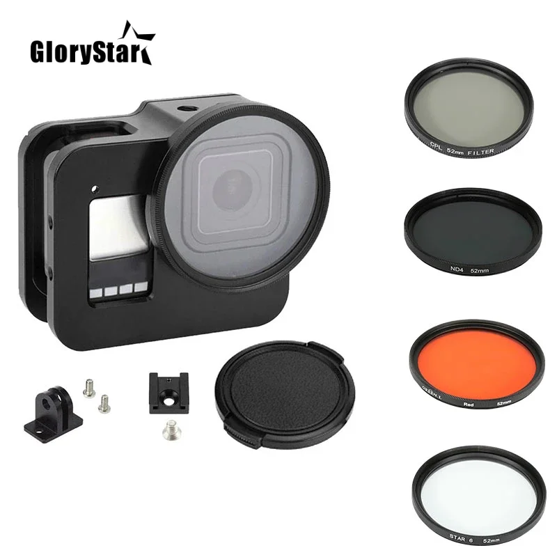 Metal Aluminum Protective Frame Case Cage for GoPro Hero 8 Black with 52mm CPL/Red/ND4/8/16/Star/10x Macro/Filter for go pro 8