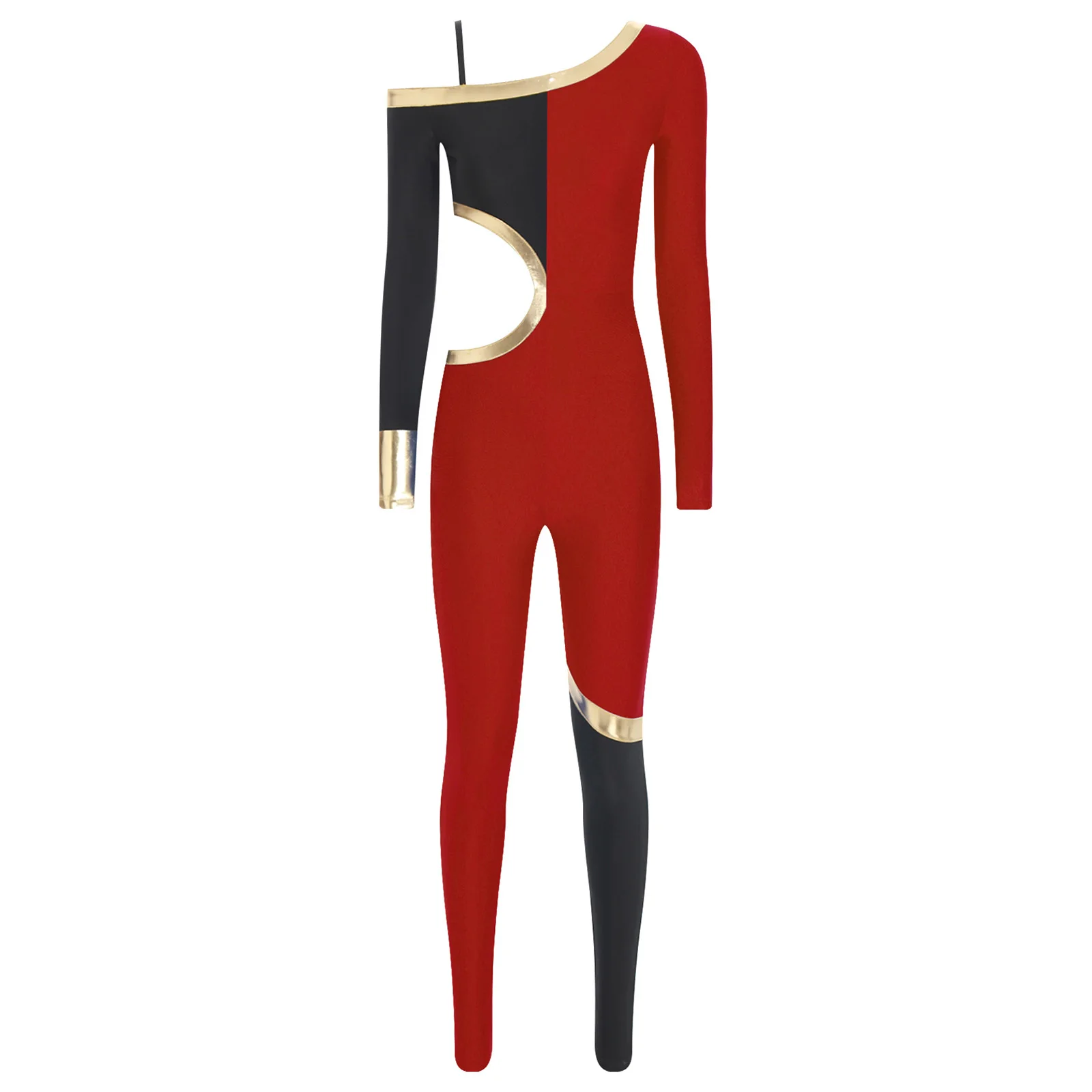 Elegant Women Jazz Jumpsuit One Shoulder Adjustable Spaghetti Strap Dance Leotard Long Sleeve Waist Cut Out Jazz Latin Dancewear