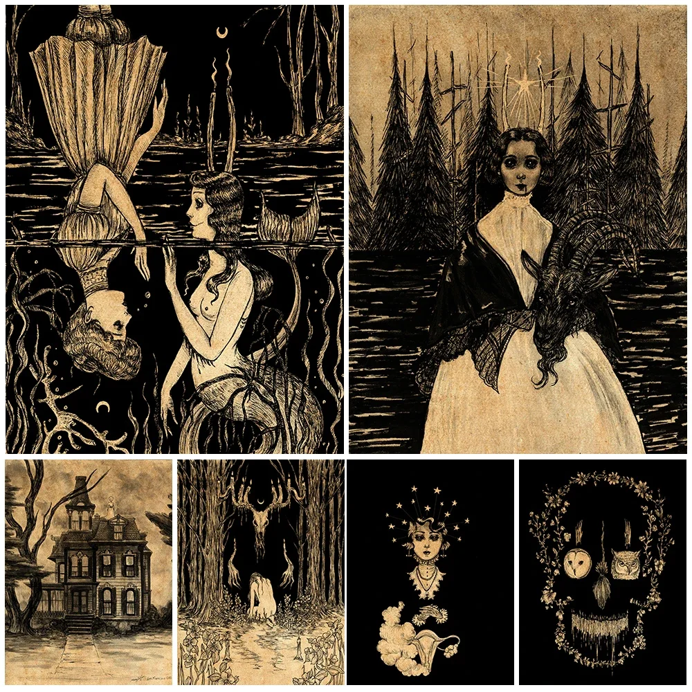 Abstract Retro Forest Witch House Art Poster Gothic Dark Witch Pencil Drawing Wall Art Canva Painting For Living Room Decoration