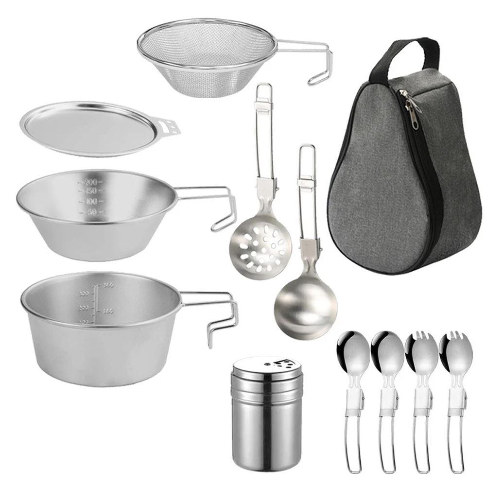 

Outdoor Cookware Set Stainless Steel Camping Bowl with Colander Spoon Spork Bowl Cover for Camping Hiking