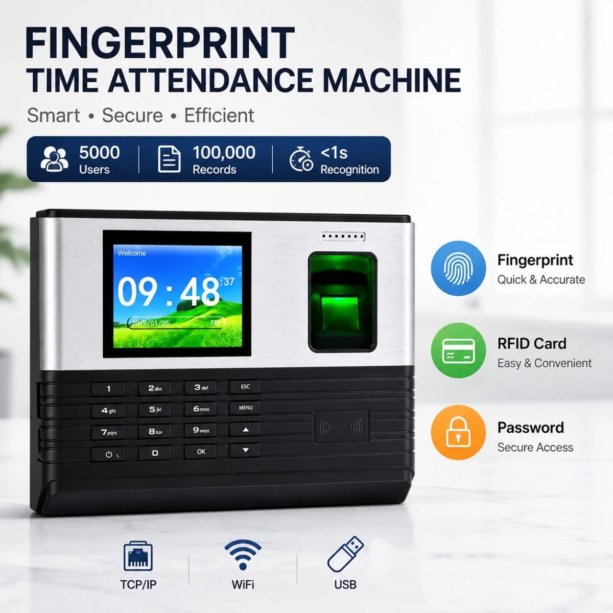 Reland Fingerprint Time Attendance Machine 5000 Users TCP/IP WiFi USB Employee Clock In Device RFID Card Password for Office