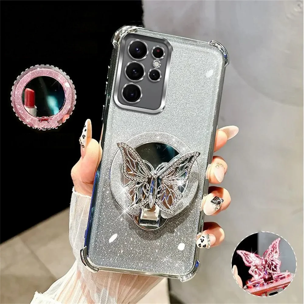 Luxury Plating Butterfly Stand Mirror Phone Case For Samsung S25 S24 S23 S22 Note 20 Ultra Soft Silicone Shockproof Cover