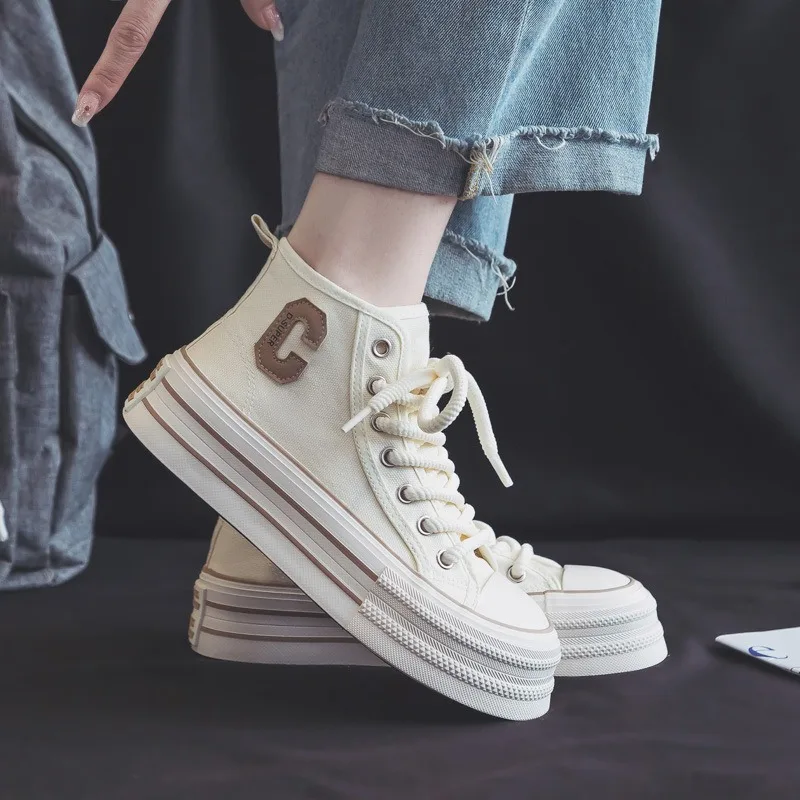 2026 Summer Women\'s Sneakers New Canvas Lace-Up Women\'s Sports Shoes Breathable Platform Sneakers Shoes White Casual Women Shoes