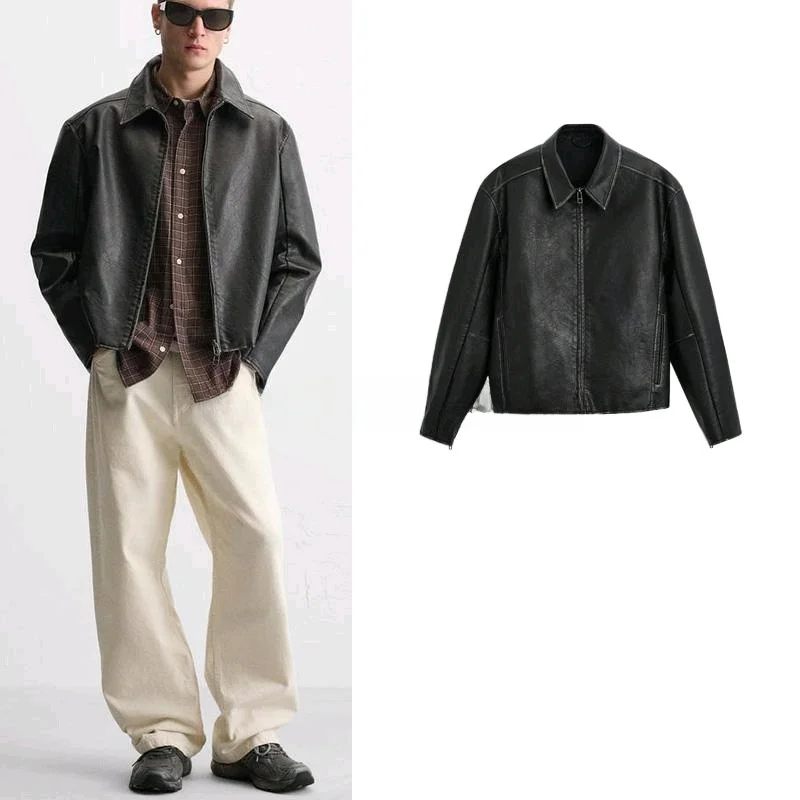 

Spring New American Sle Loose Waed Faux Leather ort Zipper Jaet Men's Outerwear Youth Faion Spring Autumn