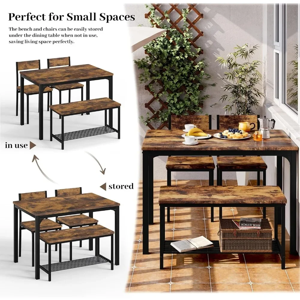 Dining Table Set for 4, Small Kitchen Table and Chairs for Space Saving, 1 Bench with Storage and 2 Chairs with Backrest