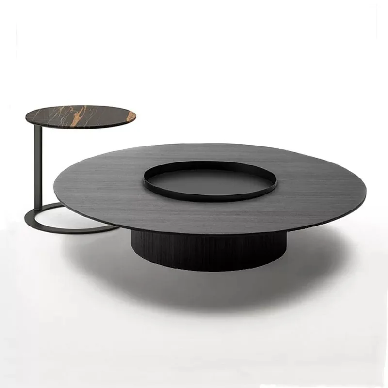 

Light luxury round black coffee table high and low combination boutique personalized design