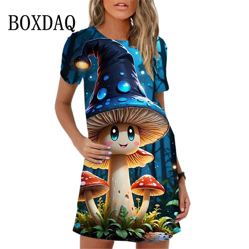 Cartoon Mushroom Print Women Dress 2024 New Summer A-Line Dress Fashion Sweet Short Sleeve O-Neck Loose Ladies Dress Vestidos