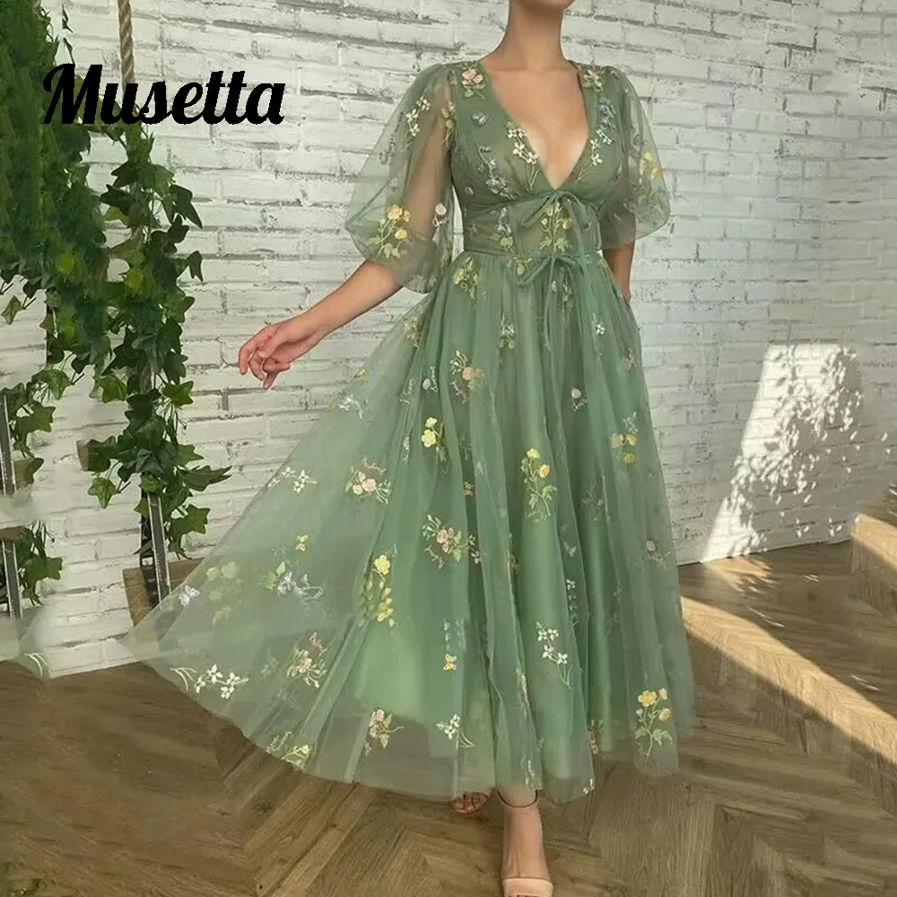 Musetta Embroidery Lace Flowers Prom Dresses V-Neck Puff Sleeve Fairy Green A-Line Evening Gowns Open Back Party Gown Customized