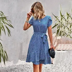 Elegant Round-neck Temperament Casual Dress Summer Seaside Holiday Print Skirt Strapping Waist Women's Dress 2023