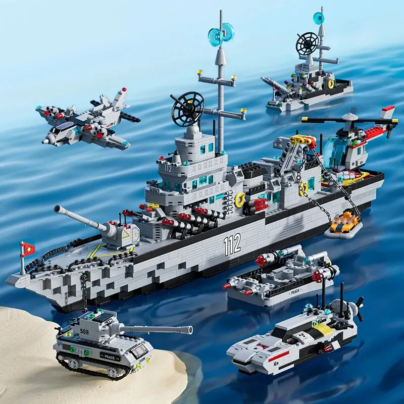 2000+PCS Building Block Warship Battleship Kits for Kids City Helicopter Military Ship Bricks Kit Educational Toys for Boys