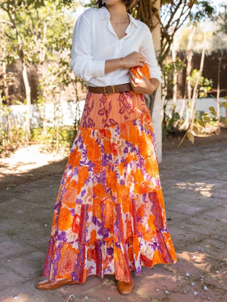 ผู้หญิงลําลอง Ruffles Patchwork กระโปรง,วันหยุดฤดูร้อน Elegant Elastic เอวกระโปรงเก๋,2025 พิมพ์แฟชั่นผู้หญิงกระโปรง