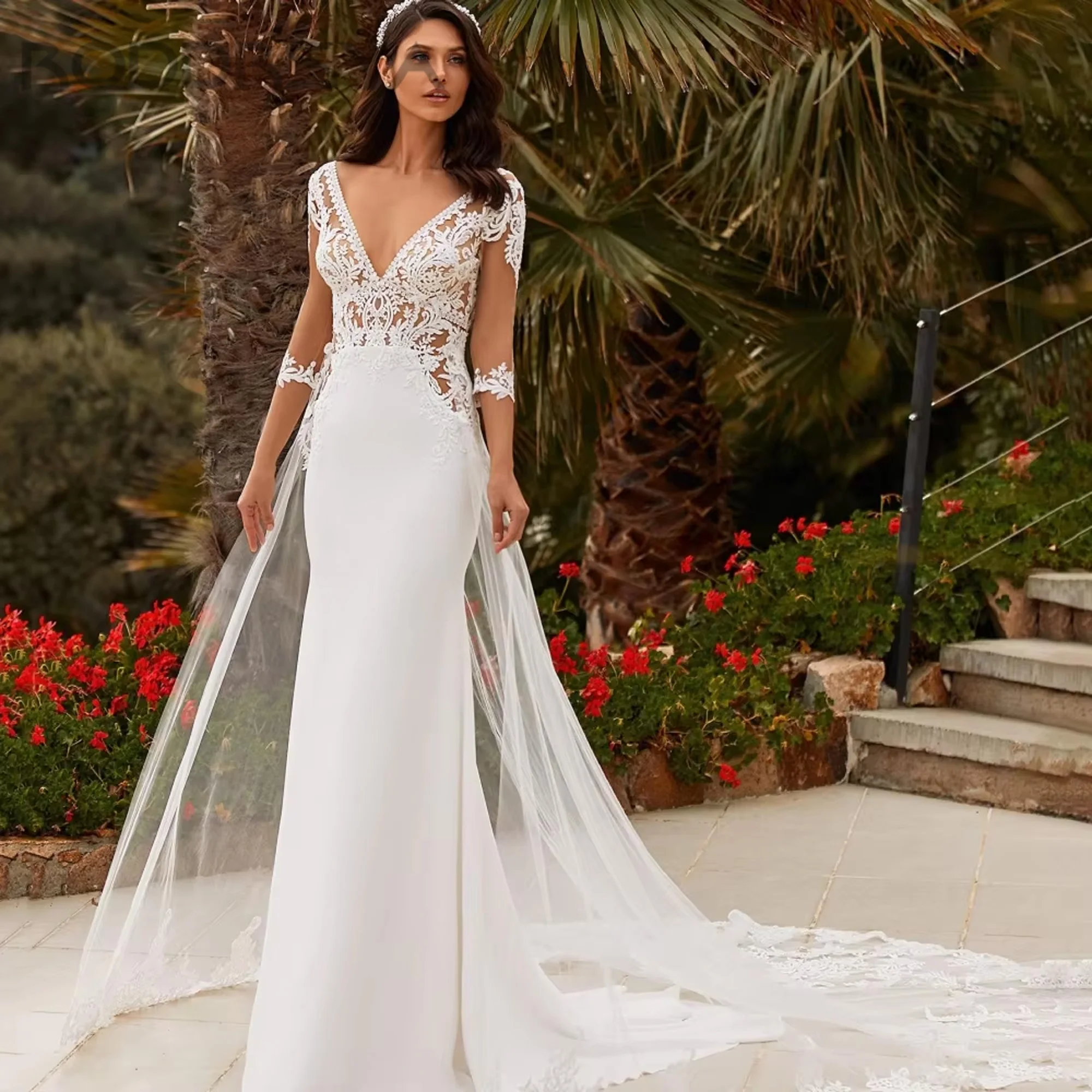

RODDRSYA Mermaid Wedding Dresses V-Neck Elegant Detachable Train Bride Dress Lace Button Bridal Gown Vestido De Novia Customized