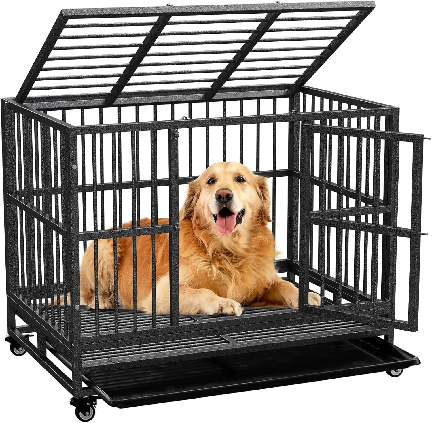 

Dog Crate with Removable Tray, 37" Dog Cage Kennel for Large Dogs, Heavy Duty Dog Carrier with Lockable Wheels