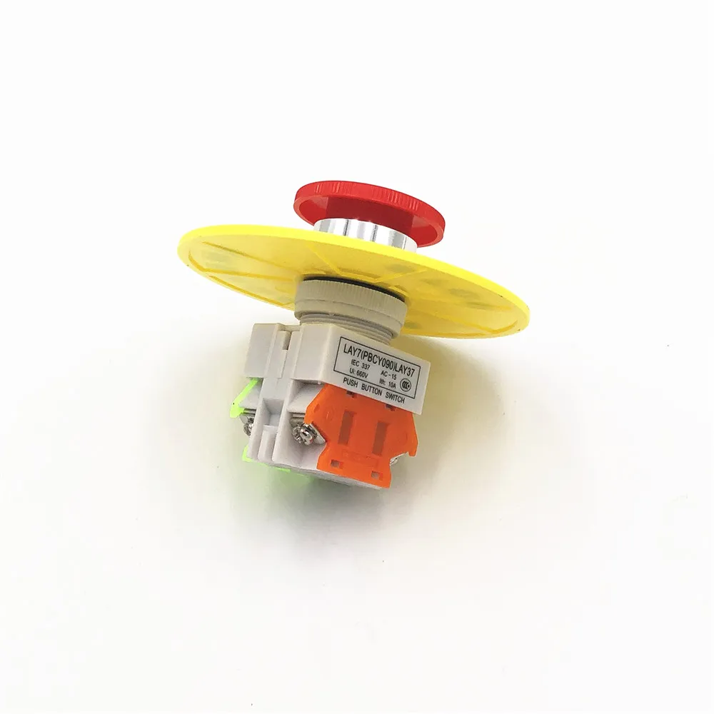 660V 10A LAY37 Red Sign Emergency Stop Mushroom Push Button Switch with 90mm Emergency Stop Yellow Legend Plate