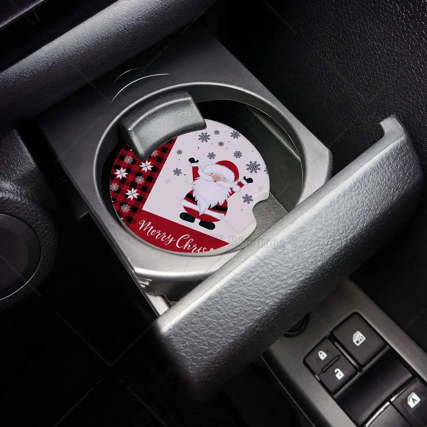 Car Coasters for Cup Holders Set of 2 Funny Gnome Snowflakes Grid 2.56inch Ceramic Cork Drink Coaster Car Accessories