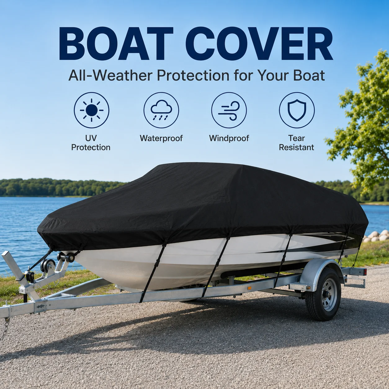 Universelle schwarze 190T Polyester-Bootsabdeckung 11-22FT wasserdicht mit UV-Schutz für V-Rumpf-Bass-Angelboote, Ski- und Außenbord-Schnellboote