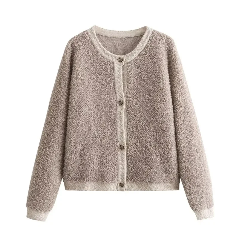 

Chic Solid Beige Casual Loose Long Sleeve Knit Women Sweater Fashion 2024 Autumn Button Plush Elegant Oversized Cardigan