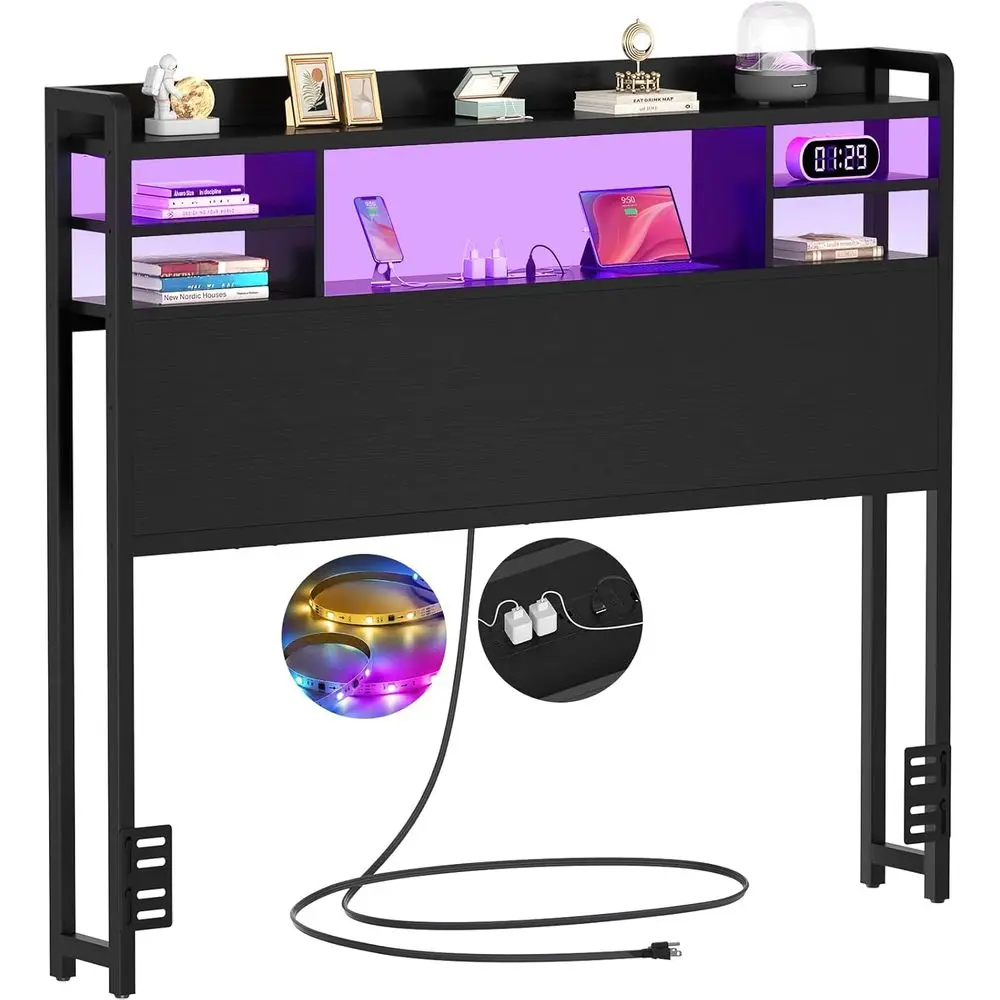 

Twin Size Bed with Storage, LED Lights, Power Outlets, USB Ports, Sturdy Wood Slat Platform Bed, Black