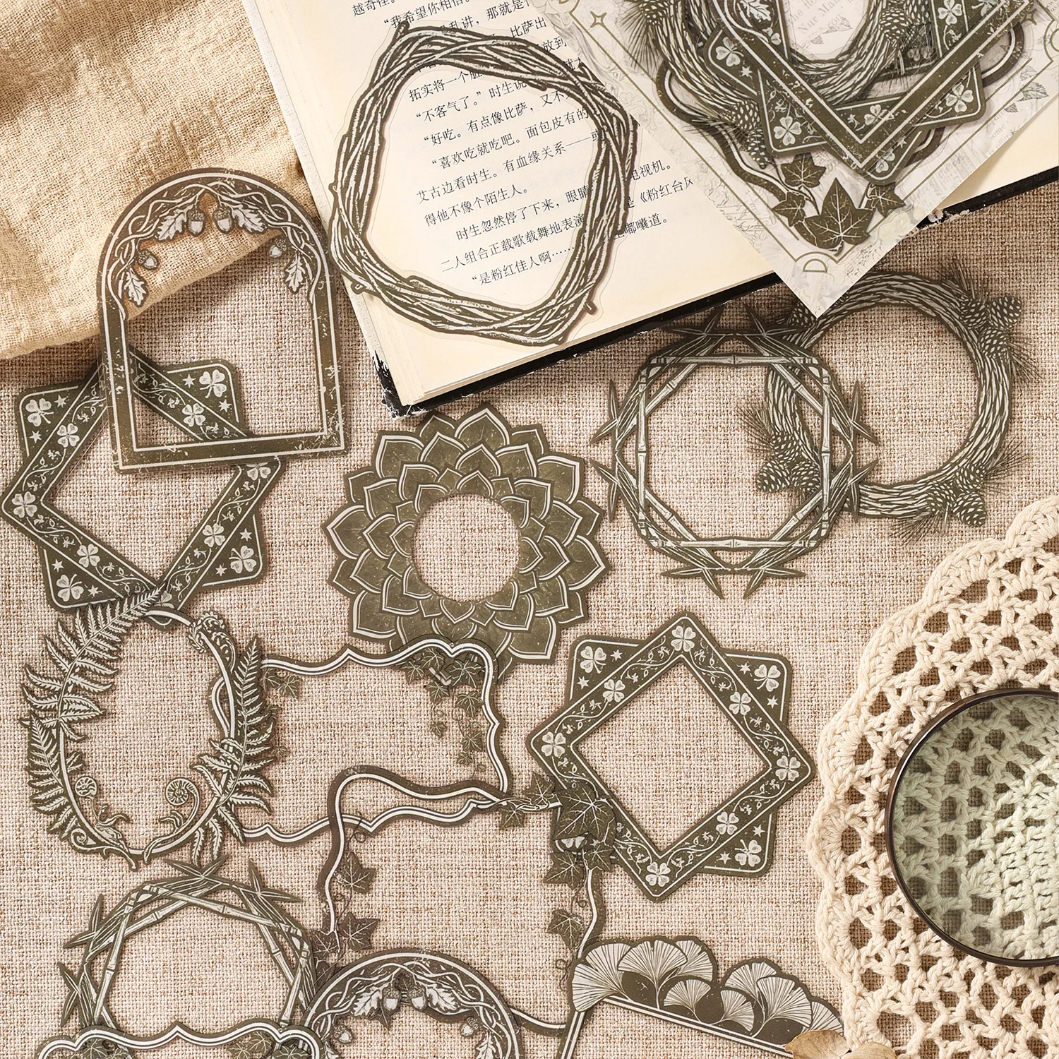 Vintage Pattern Hollow Border Landscape PET Sticker Creative DIY Journal Material Collage Scrapbooking Stationery