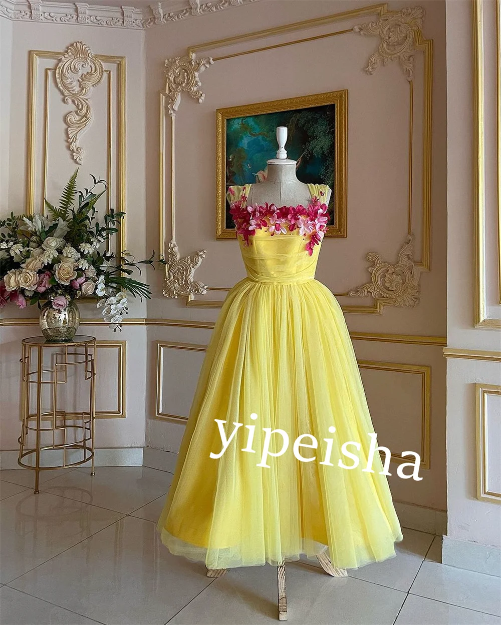 Tulle Pleat Flower Christmas A-line Off-the-shoulder Bespoke Occasion Gown  Long Dresses