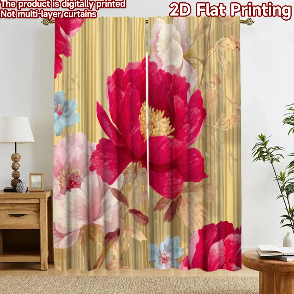 2D flat 2pcs Curtain Home Short Curtains Red Peonies on Stripes Durable polyester fiber Festive Holiday Perfect for Home & Party
