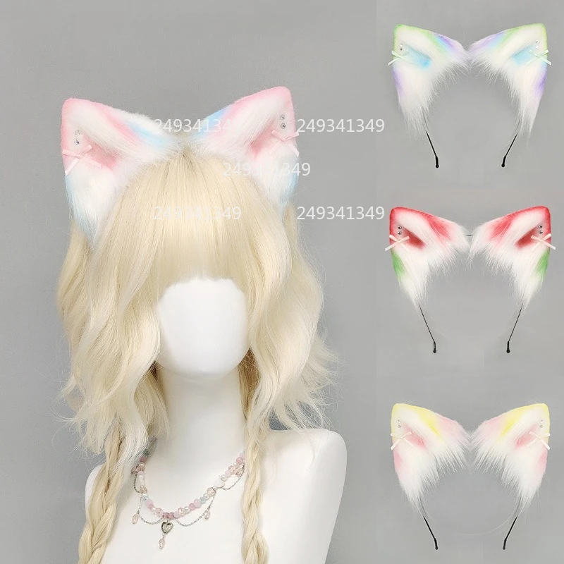 Colorful Gradient Cat Ears Women Cosplay Headwear Lolita Bow Plush Headdress Comic Con Lovely Cat Ears Party Costume Accessories