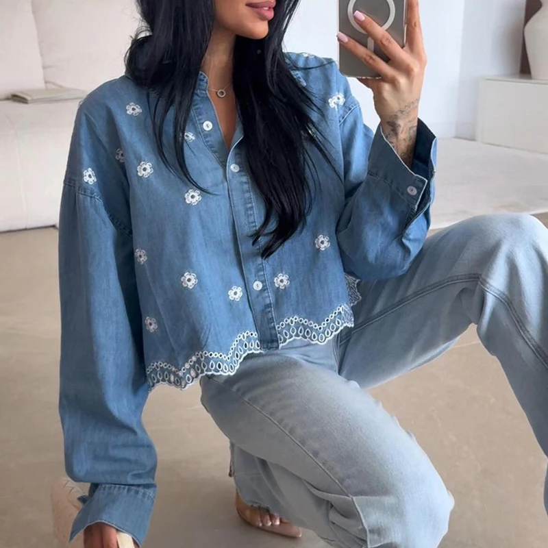 

Элегантная женская повседневная блузка с вышивкой, модная офисная рубашка на пуговицах, свободная блуза с длинным рукавом, коллекция 2026