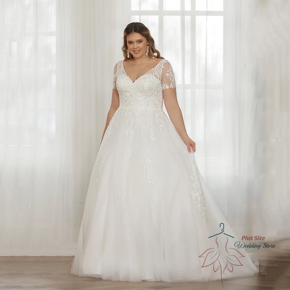 Customized Wedding Dresses Plus Size V-Neck Short Sleeves Bride Gowns Lace Applique A-Line Tulle Sweep Train Robe De Mariée