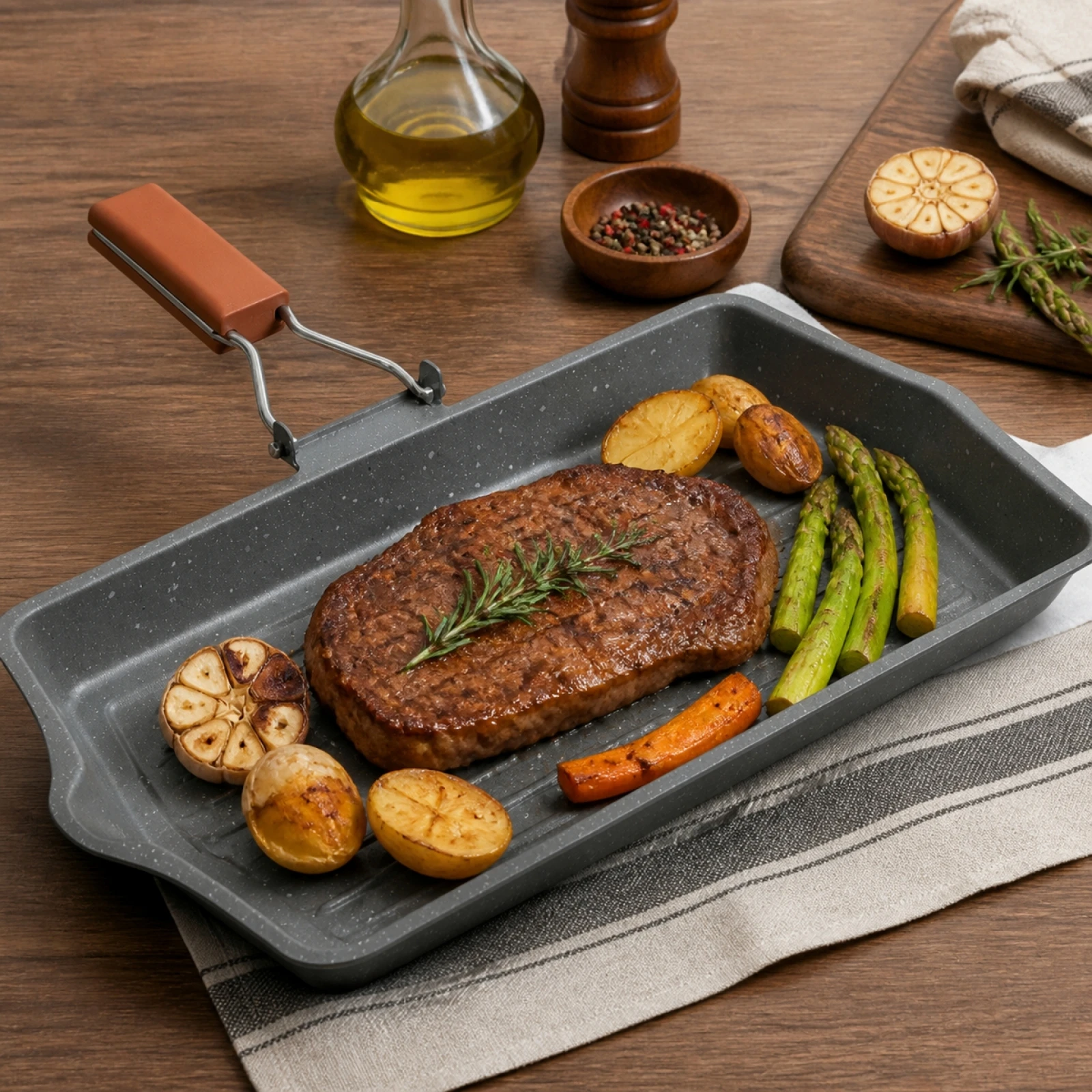 Bandeja de Barbacoa de Aleación de Aluminio 34x22x3cm con Mango Plegable para Cocina de Inducción y Gas, Plancha Antiadherente Rectangular para Asar Carne y Verduras en Casa y Camping