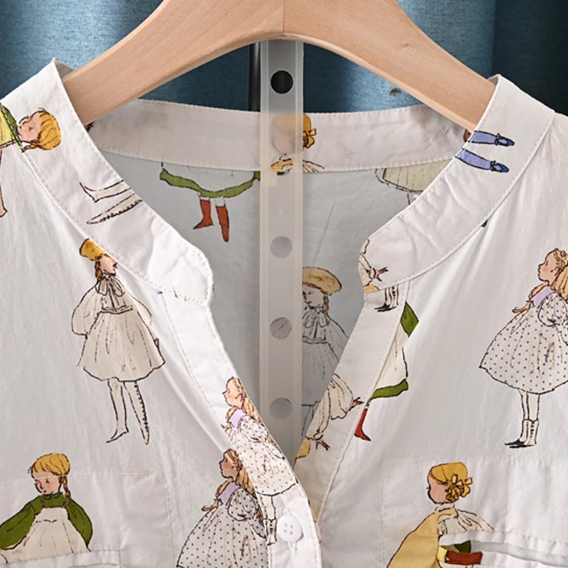 ใหม่2025ฤดูร้อนผ้าฝ้ายแขนสั้นเสื้อผู้หญิงVคอการ์ตูนพิมพ์, Moriสาวสบายๆลดอายุเสื้อหลวมT54041CC