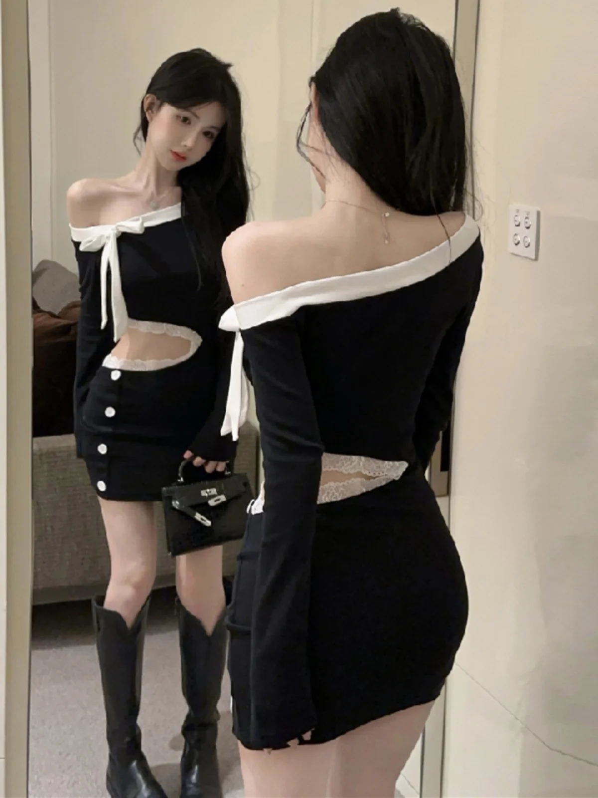 Sexy Jurk Vrouwen Koreaanse Mode Kant Patchwork Boog Off Schouder Slash Hals Mini Jurken Casual Holle Taille Vestidos