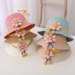 Girls Solid Color Flower Decorated Woven Hat Children's Spring and Summer Cute Fisherman Hat Baby Big Brim Outdoor Sunshade Hat